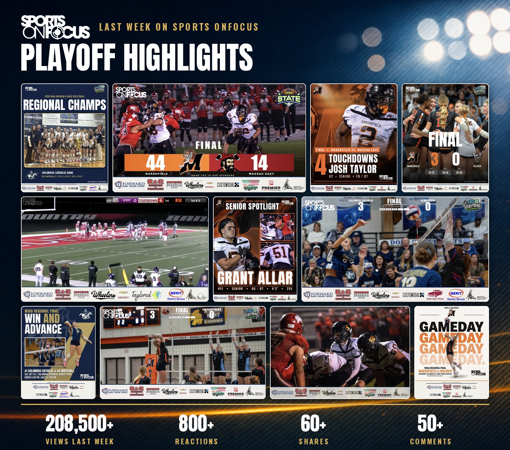 Grid of 11 Sports OnFocus playoff graphics from last week, each showing the sponsor logo bar