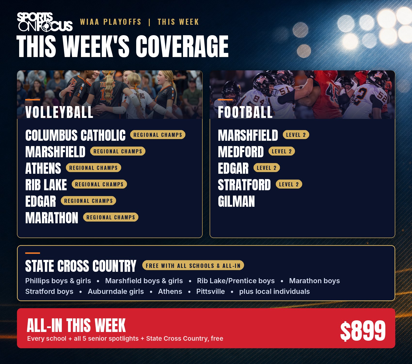 This week's Sports OnFocus volleyball and football playoff coverage list with the free State Cross Country bonus and the $899 All-In offer