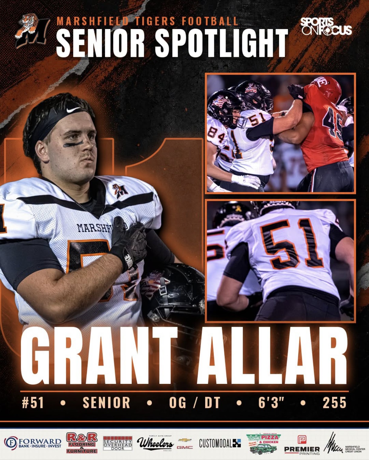 Sports OnFocus Senior Spotlight graphic for Marshfield Tigers football senior Grant Allar, #51, with the sponsor logo bar