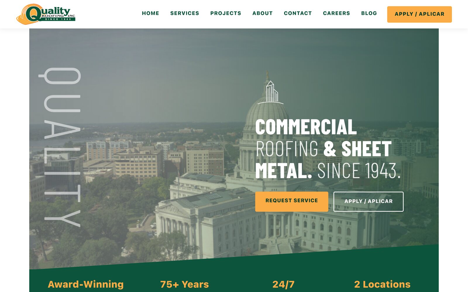 Quality Roofing (Qroof) commercial roofing website homepage redesigned and built by TriMedia Design